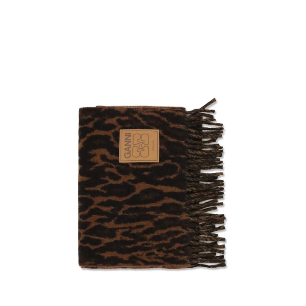 Ganni Women Leopard Print Wool Scarf With Logo And Fringes